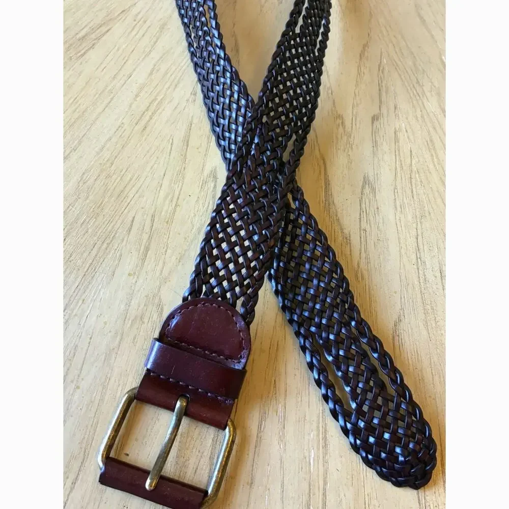 DKNY Women's Mocha Brown Braided Woven Wide Leather Belt w/ Buckle Minimalist M